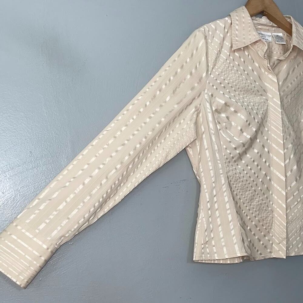 Y2K 2000s Womens Petite Size 12 Ivory Striped Button Up Shirt Office Siren Prep